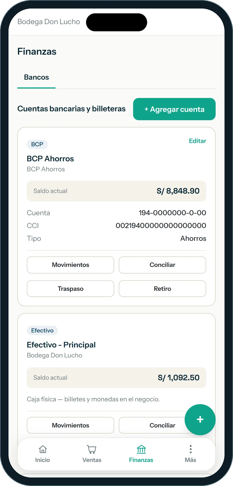 App de Venta Fácil mostrando cuentas y finanzas desde el celular