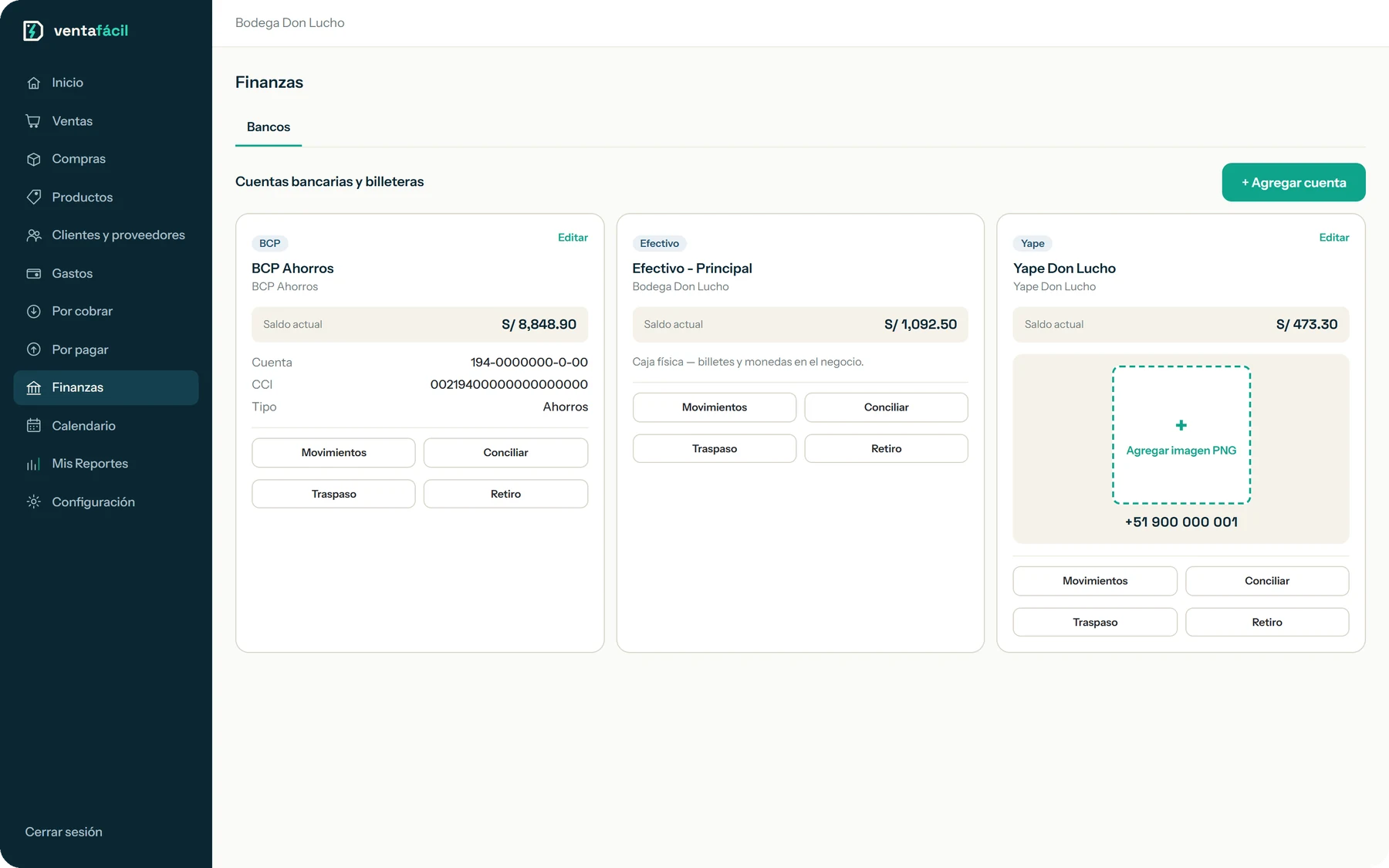 Dashboard de Venta Fácil con ventas, compras, flujo de caja y notificaciones del sistema